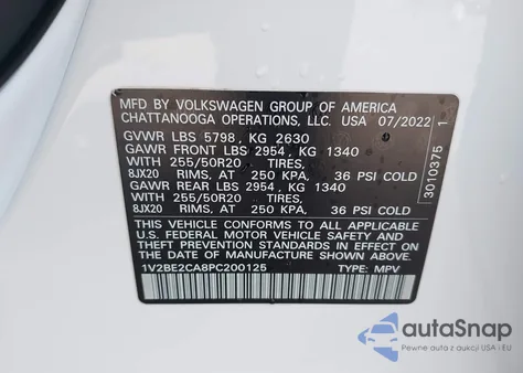 2023 Volkswagen Atlas Cross Sport 3.6L V6 Sel z USA, uszkodzony, nr VIN 1V2BE2CA8PC200125